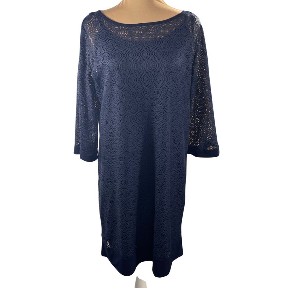 Lennie for Nina leonard Shirt Dress Laser Cut Slip Navy Blue Size XL